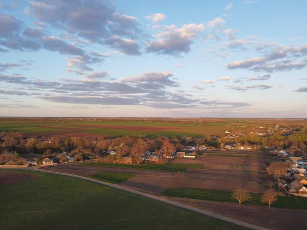Landschaft Mit Parzellen Der Landwirtschaft Abend Über Dem Dorf Frühling — Stockfoto