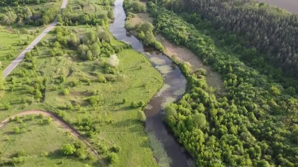 Landskap Floden Som Sträcker Sig Genom Dalen Kvällssol Och Grönt — Stockvideo
