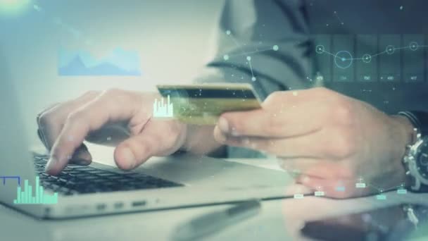 Closeup Young Man Making Payment Credit Card While Graphs Figures ストック映像