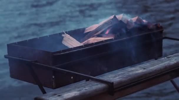 Primo piano. In casa acqua, barbecue, legna da ardere, falò, fumo bruciato. Fiume, natura . — Video Stock