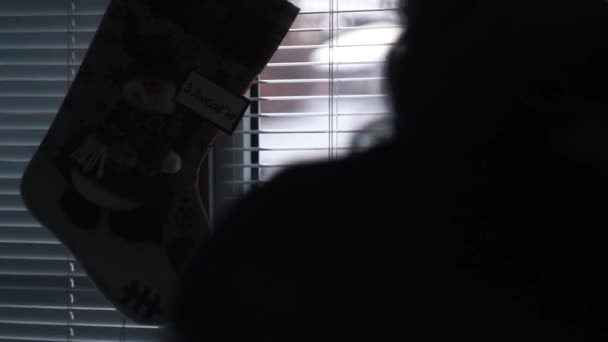 The silhouette of a girl comes to a metal-plastic window, with shutters — Stockvideo