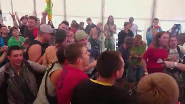 TERNOPIL, UKRAINE - JULY 20, 2018: fans at a rock concert jump, slam, singing along — 비디오