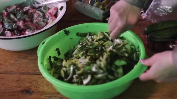 Kvinnlig hand blandar en grön sallad av gurkor, lök, örter, solrosolja, i landet — Stockvideo