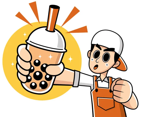 Vector Illustration Cartoon Male Presenting Bubble Tea — Stock Vector