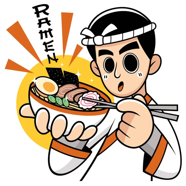 Векторная Иллюстрация Японской Лапши Cartoon Chef Представляющей Еду Формулировка Значений — стоковый вектор