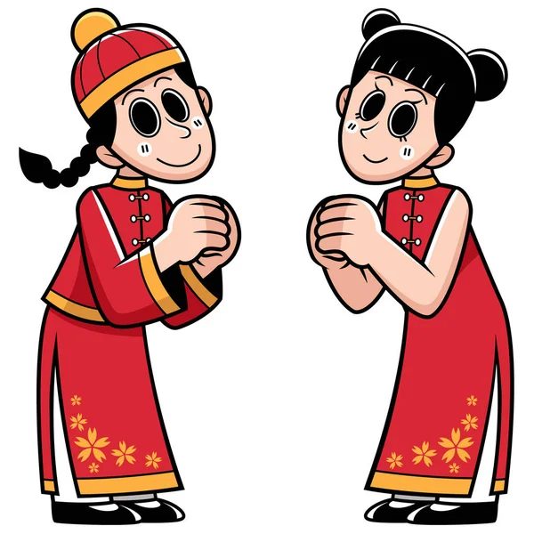 Ilustração Vetorial Desenho Animado Menino Chinês Menina Traje Chinês —  Vetores de Stock