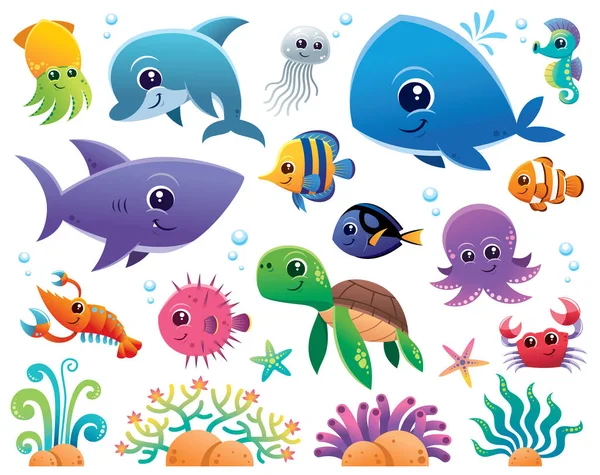 Illustrazione Vettoriale Degli Animali Marini Set Cartoni Animati — Vettoriale Stock