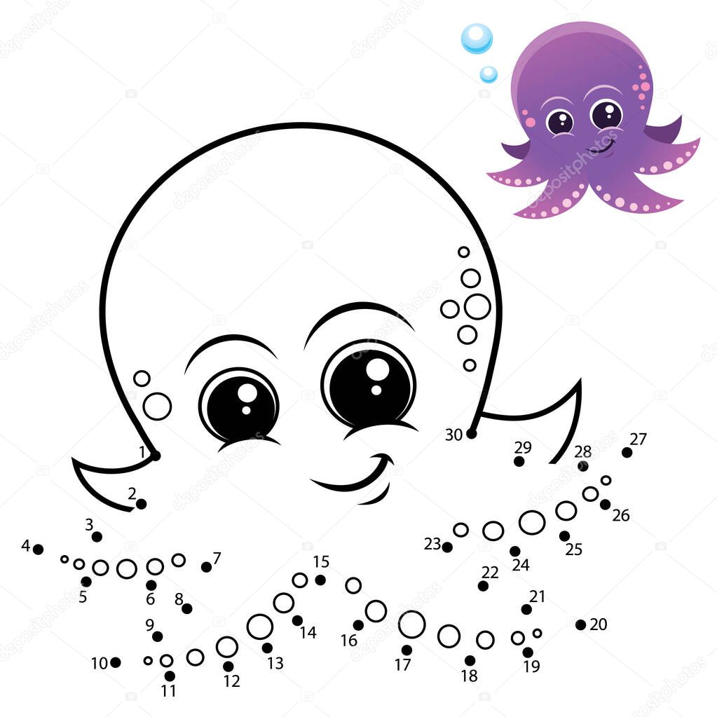 Education Numbers game. Dot to dot game. Octopus cartoon