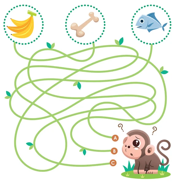 Bildung Labyrinth Game Monkey Mit Nahrung Spiel Für Kinder — Stockvektor