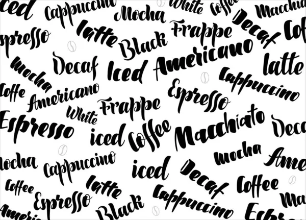 Fond avec des noms de café écrits à la main illustration vectorielle — Image vectorielle