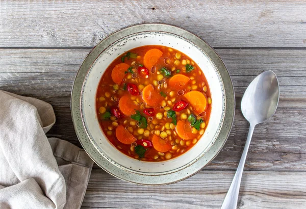 Lentil soup with carrots and pepper. Recipes. German cuisine. — Stock Image Lentil soup with carrots and pepper. Recipes. German cuisine. Stock Picture