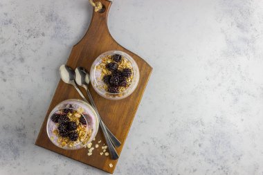 Gri arka planda yoğurt, chia tohumu ve böğürtlen. Kahvaltıda. Sağlıklı beslenme.