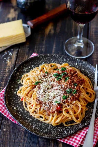 Italian Pasta Bolognese Spaghetti National Cuisine Recipe Rustic — Stock Photo, Image
