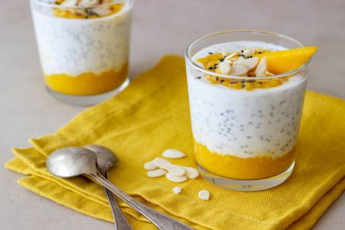 Mango, chia ve bademli bir bardak yoğurt. Sağlıklı beslenme. Vejetaryen yemeği. Yemek tarifi. Kahvaltıda. Diyet