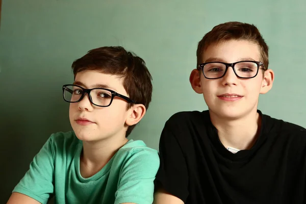 Two teenage boy in myopia glasses close up — Stock Photo, Image