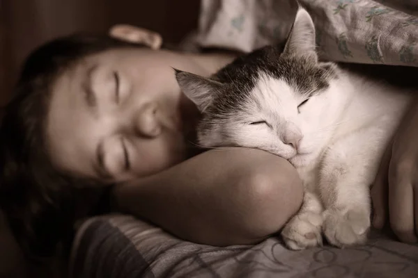 Adolescente menino dormir com gato na cama abraço — Fotografia de Stock