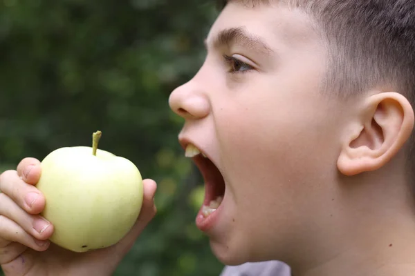 Tiener jongen beet appel in de groene zomertuin — Stockfoto