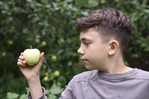 Dospívající chlapec kousnutí apple v letní zelené zahradě — Stock fotografie