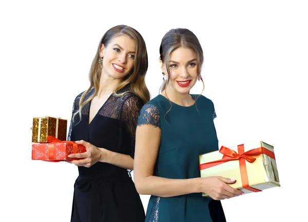 two fashon models in formal clothes with presents close up photo