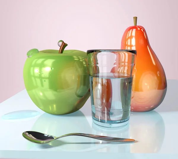 3d illustration of green apple pear spoon and glass with water c — Stock Photo, Image