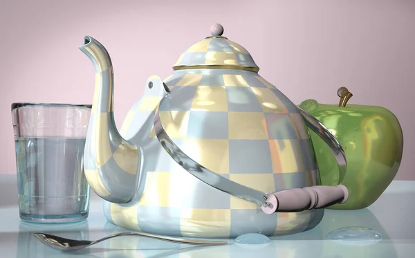 3d illustration of china checkered teakettle glass green apple o