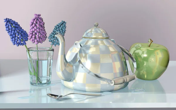 3d illustration of china checkered teakettle glass green apple b — Stock Photo, Image