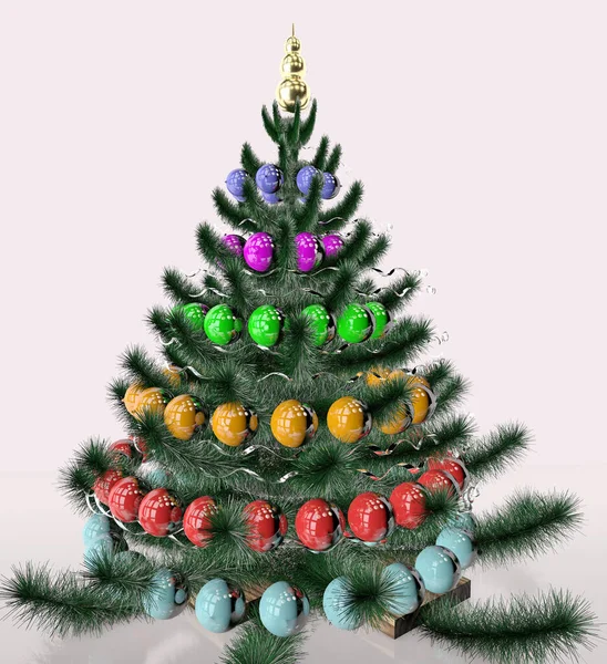 3d ilustración de árbol de navidad decorado wity juguetes guirnalda un —  Fotos de Stock