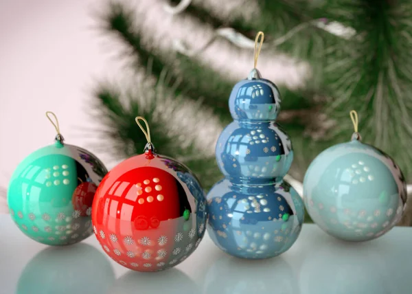 Ilustración 3d del juguete del árbol de Navidad con copos de nieve y nieve —  Fotos de Stock