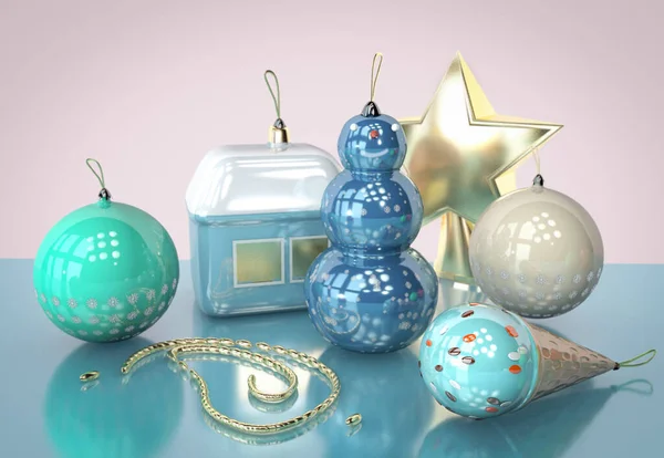 3d ilustración de árbol de Navidad juguete redondo con copos de nieve des —  Fotos de Stock