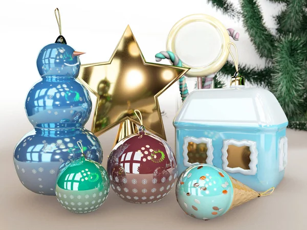 3D illustration av god jul träd leksak hus snögubbe och st — Stockfoto