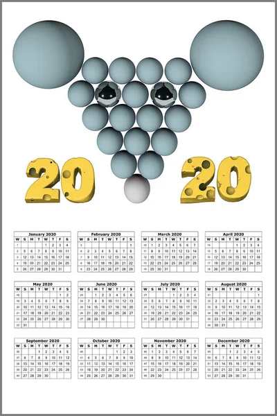 3D illustration av 2020 Nyår jul kalender med råtta ima — Stockfoto