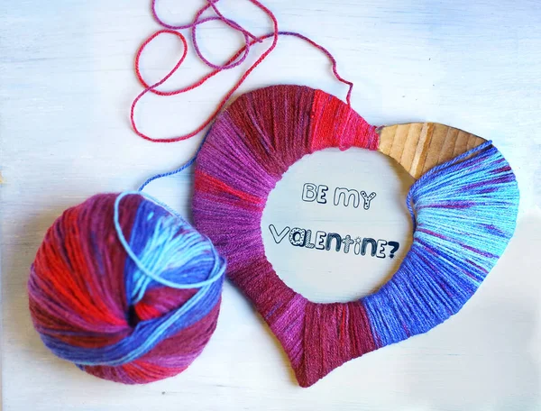 Happy Valentines Day Still Life Card Woolen Yarn Thread Heart — Stock Photo, Image
