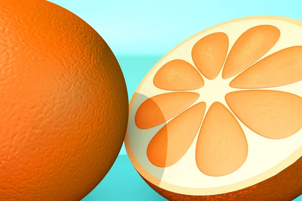 Ilustração 3d de laranja meio corte no fundo azul — Fotografia de Stock