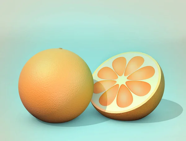 3d illustration of half cut orange on blue background — Stock Photo, Image