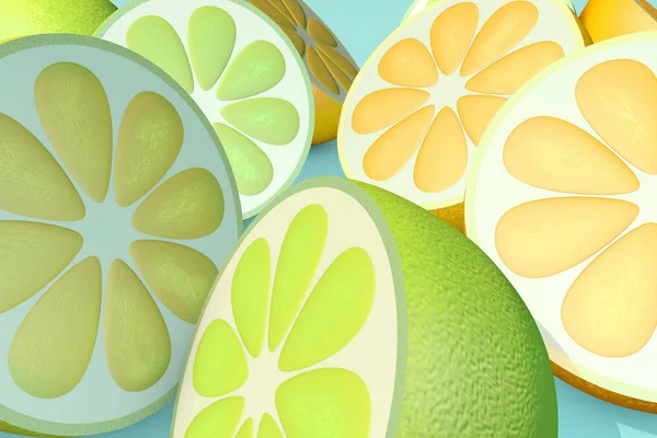 3d illustration of half cut orange lemon lime on blue background