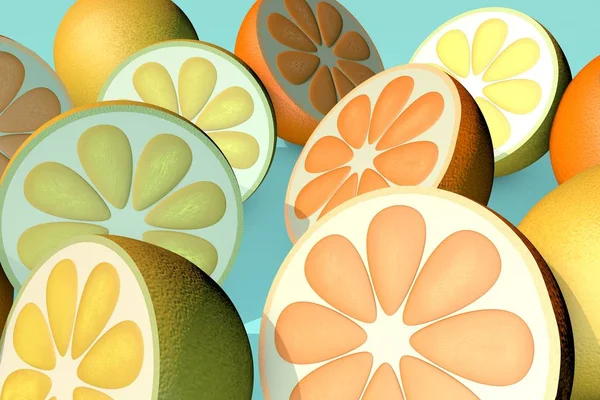 3d illustration of half cut orange lemon lime on blue background — Stock Photo, Image