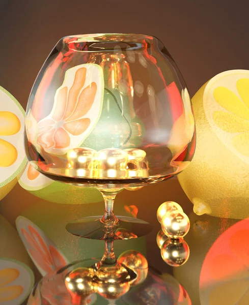3d illustratie van citroenlimoen half cognac glas en goud — Stockfoto