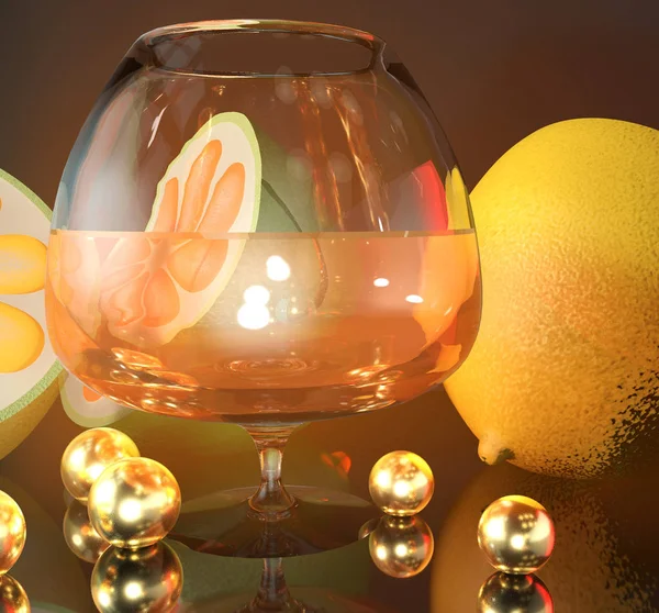 3d rendere illustrazione di limone calce mezzo bicchiere di cognac e oro — Foto Stock