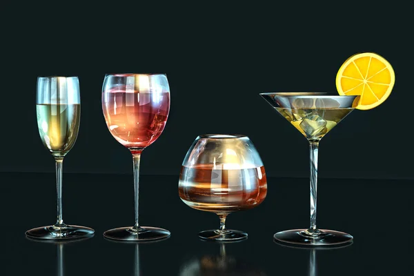 Ilustração Conhaque Vinho Vinho Tinto Copos Martini Fatia Limão Linha — Fotografia de Stock