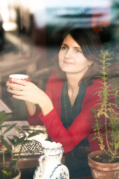 Young Blond Woman Tea Cup Portrait Cafe Window Close Photo — Stock Photo, Image