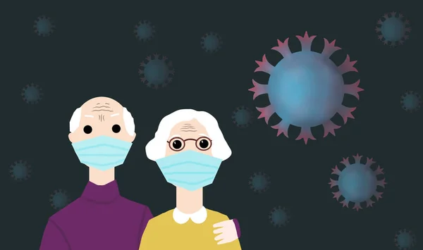 illustration of family grandma and grandpa old in respiratory mask close up with coronavirus on black background