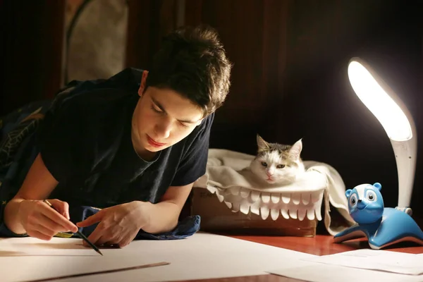 Tonårspojke Arkitekt Student Arbetar Med Skiss Projekt Natten Med Katt — Stockfoto