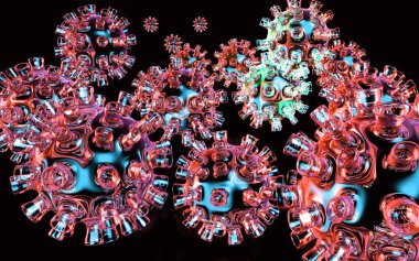 Siyah arkaplanda uçan koronavirüsün 3D çizimi