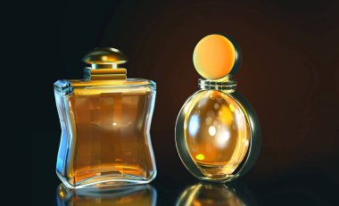 3D illüstrasyon parfüm şişesi cam masanın üzerinde ve siyah arkaplanda fotokopi alanı var.