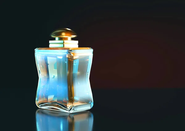Ilustracja Perfumy Butelka Pobyt Szklanym Stole Copyspace Czarnym Tle — Zdjęcie stockowe