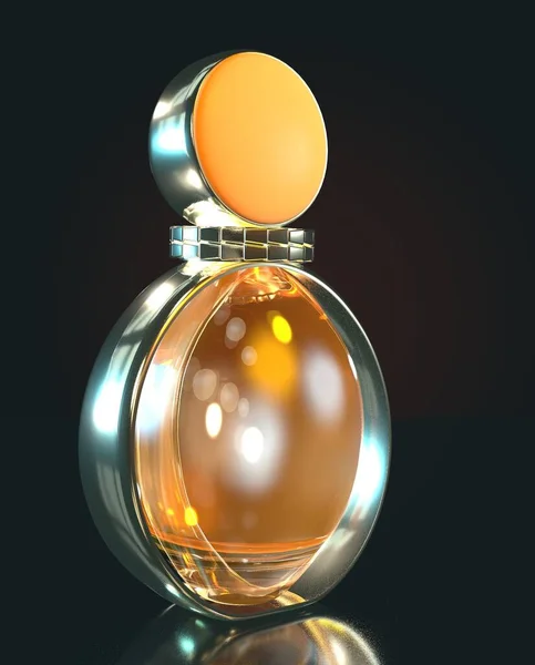 3D图解香水瓶放在玻璃桌上 黑色背景上有复制空间 — 图库照片