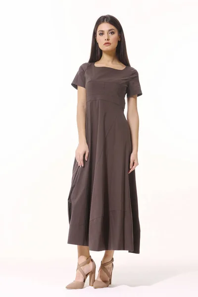 若いビジネス女性エグゼクティブポーズで長い茶色の短い袖のドレス全身の長さ隔離された白 — ストック写真