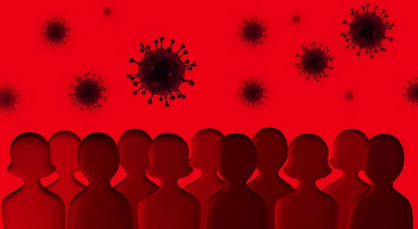 3d illustration of people crowd and covid virus peaces in the air