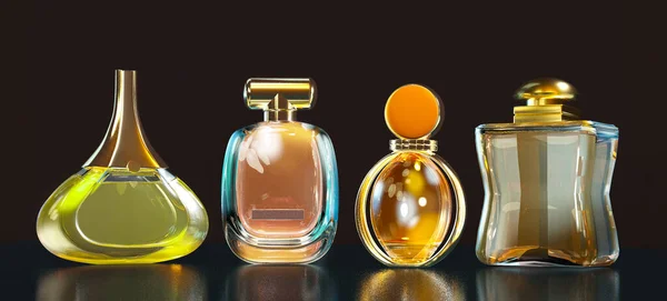 Botella de perfume de ilustración 3d se queda en la mesa de vidrio con espacio de copia sobre fondo negro —  Fotos de Stock