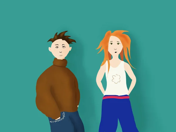 Adolescente casal menino e menina desenho em roupas casuais no fundo da parede azul — Fotografia de Stock